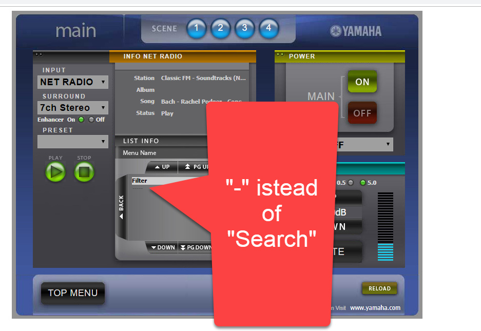 The web interface of the RX-V779 does not offer a radio station search either